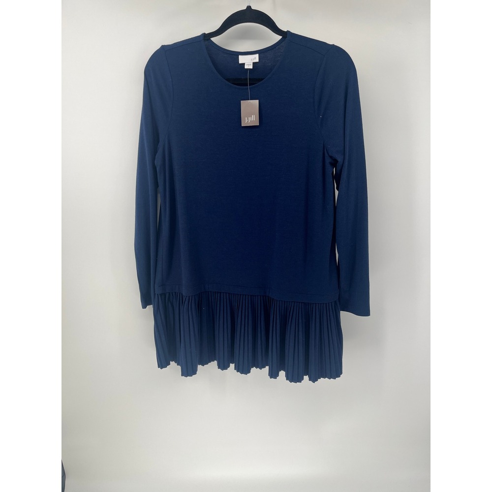 J. Jill Deep Sea Navy Blue Pleated Peplum Hem Long Sleeve Tunic Top‎ Small NWT